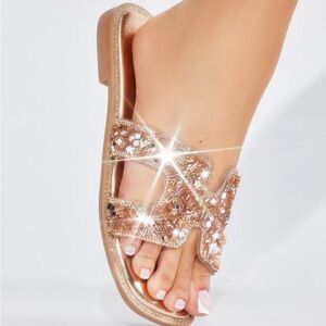 Fashion Nova Gold Slide Sandals with Clear Strap